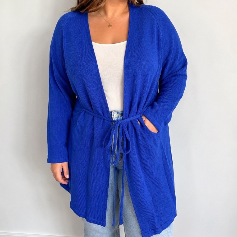 LOFT NWT Long Cardigan Women's L/XL Cobalt Blue Belted Open Front Duster Sweater
